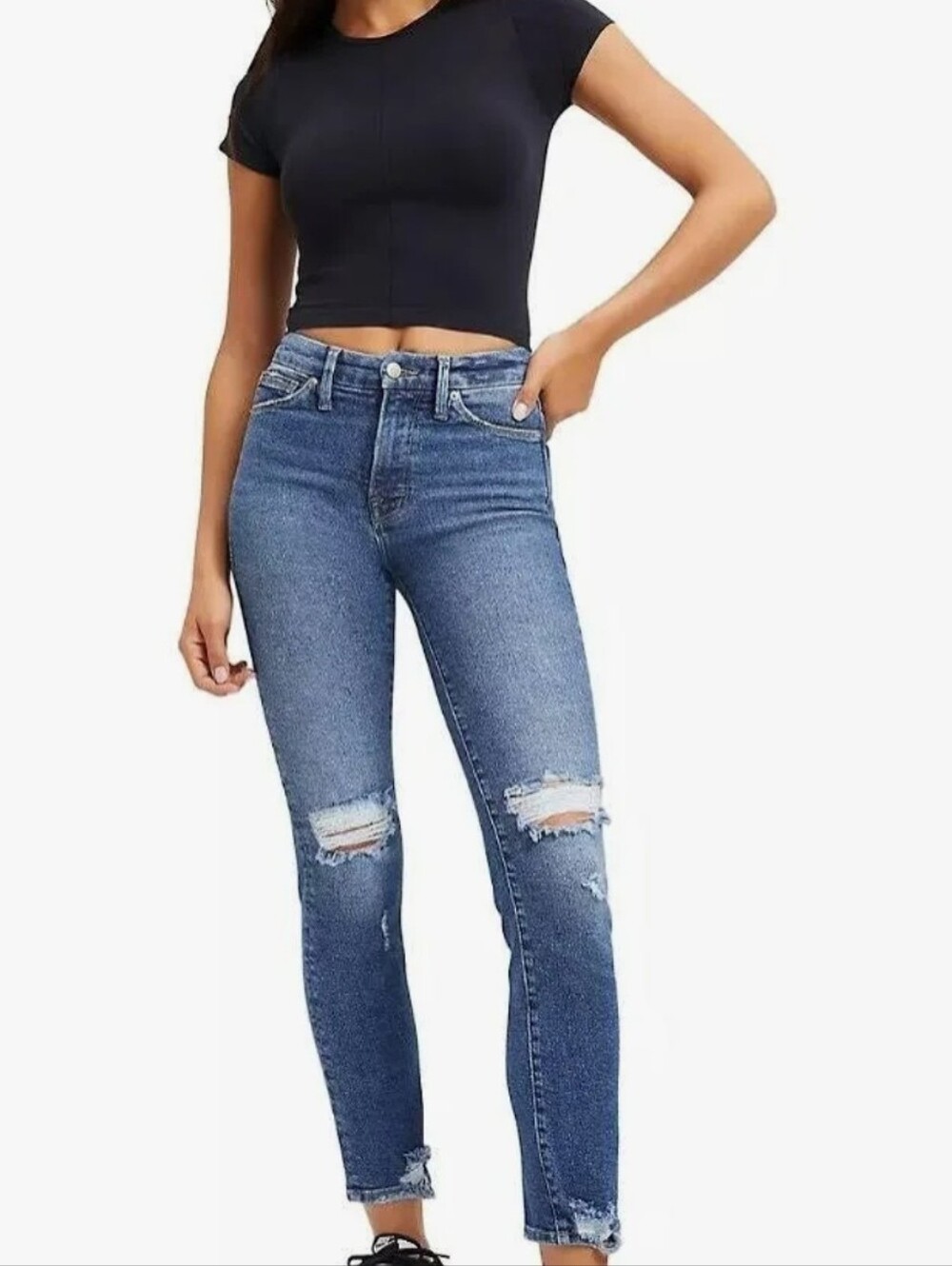 Good American Dark Blue Distressed Straight Legged Jeans Size 0/25